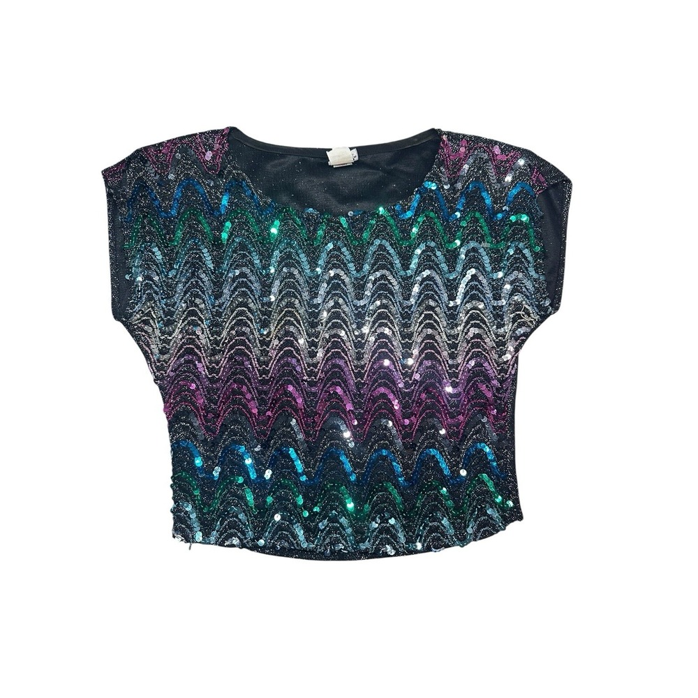 Vtg M 80s Rainbow Mattalic Chevron Sequin Disco Crop‎ Top RIO Blouse USA UNION